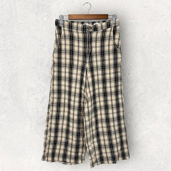 Hollister Ultra High Rise Pants Tan Brown Plaid Cropped Wide Leg Size M - Picture 1 of 13